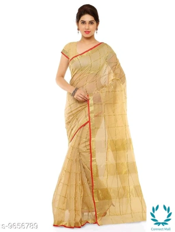 Kota Doria Cotton Zari Stripes Checks saree with Unstitched Blouse piece - Cream, Pack of:1, Cotton Blend, 5.5m+1m